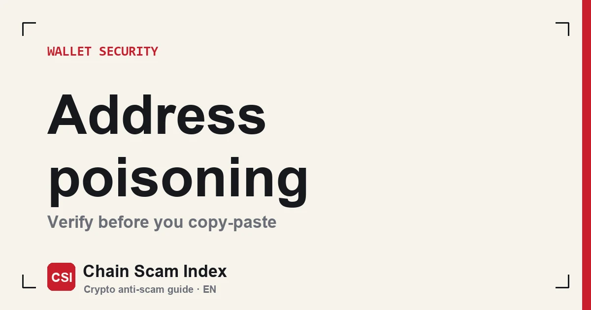 Address poisoning illustration: two wallet addresses side by side with identical first and last characters but different middles