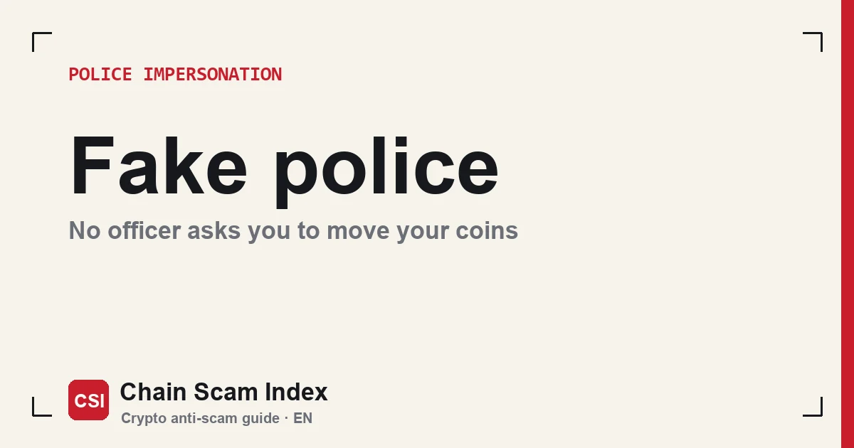 Cover: cream background with a red bar down the right edge, headline "Fake police" and the line "No officer asks you to move your coins"