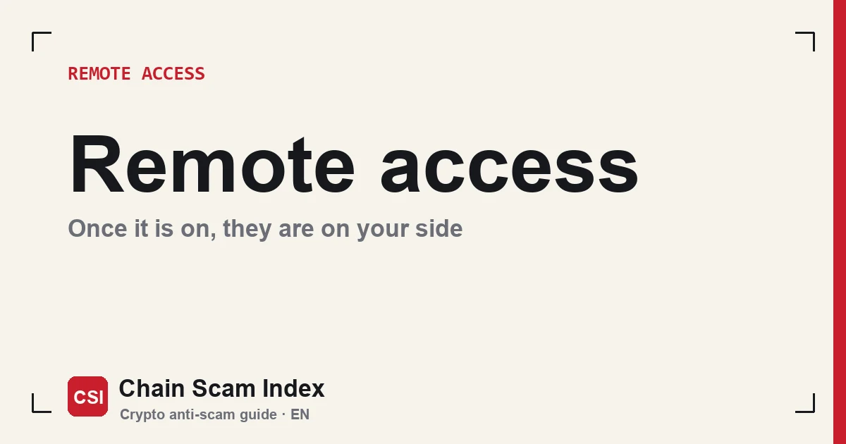 Cover: cream background with a red bar down the right edge, headline "Remote access" and the line "Once it is on, they are on your side"